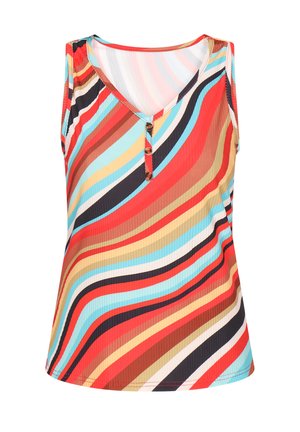Top fără mâneci, multicolor, cu dungi ondulate îndrăznețe în nuanțe de roșu, albastru, maro și negru, având un decolteu adânc în V și un detaliu cu trei butoane.