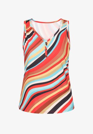 Vícebarevný bezramenný top s odvážnými vlnitými pruhy v červené, modré, hnědé a černé barvě, s hlubokým výstřihem do V a detaily tří knoflíků.