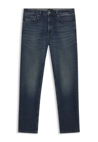 Vaqueros de mezclilla azul oscuro con diseño de pierna recta, sutil desgaste, estilo de cinco bolsillos y detalles de costuras en contraste.