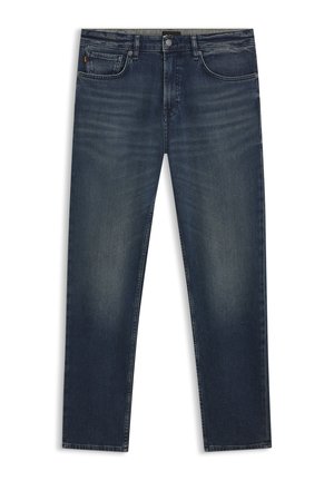Jeans di denim blu scuro con design a gamba dritta, sbiaditure sottili, stile a cinque tasche e dettagli di cuciture a contrasto.