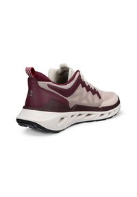 Une basket beige et bordeaux avec une semelle blanche, une tige en mesh et une languette rayée rouge et blanche au talon, vue de l'arrière sur le côté.