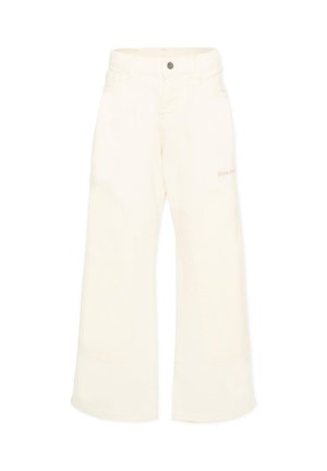 Kremowe spodnie o szerokich nogawkach z zapięciem na guziki z przodu, szlufkami na pasek, kieszeniami i subtelnym logo na prawej udzie.