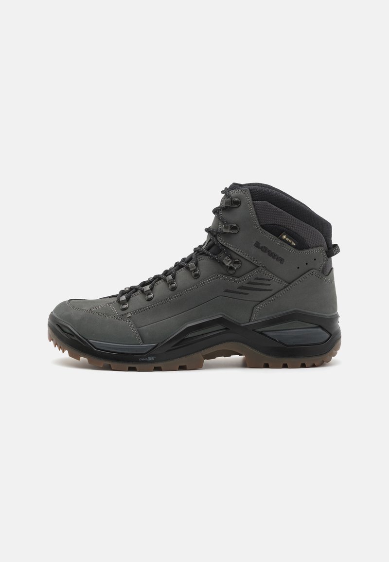 Graue Wanderschuhe mit hohem Schaft, robustem Design, strukturiertem Leder und Gummisohle mit aggressiven Traktionsmustern. Schnürverschluss.