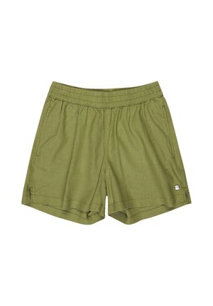 Olijfgroene shorts met elastische taille, zijzakken en een klein rond zilveren logo bij de zoom aan de rechterkant.
