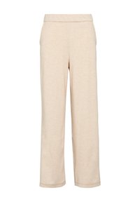Beige wijde broek van zacht stof, met een elastische tailleband en zijzakken, met een gladde textuur en zonder zichtbare patronen.