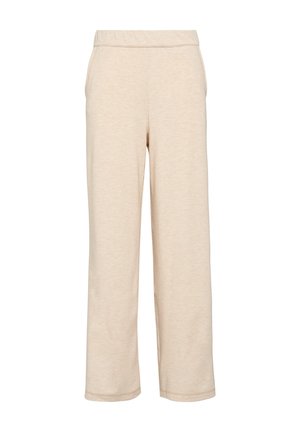 Beige weite Hosen aus weichem Stoff, mit einem elastischen Bund und seitlichen Taschen, einer glatten Textur und ohne sichtbare Muster.