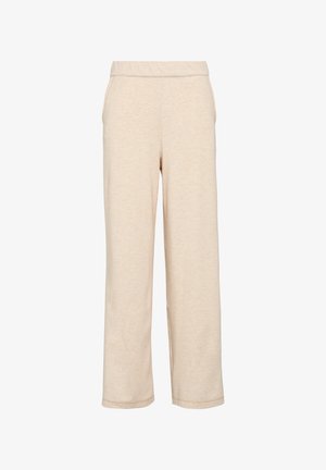 Beige weite Hosen aus weichem Stoff, mit einem elastischen Bund und seitlichen Taschen, einer glatten Textur und ohne sichtbare Muster.