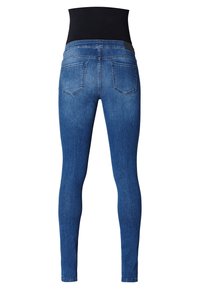 Slim fit dżinsy w ciemnoniebieskim kolorze z wysokim czarnym pasem, pięcioma kieszeniami i gładką teksturą. Posiadają wzmocnione szwy.