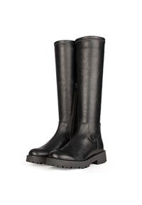 Botas de cuero negras hasta la rodilla con un cierre lateral, suelas de goma planas, punteras redondeadas y acabado texturizado. Parte superior lisa con detalles de costura.