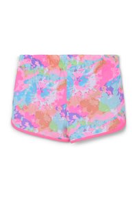 Costumi da bagno colorati con vita elastica, caratterizzati da un motivo a spruzzo nei colori rosa, blu, verde e arancione, con un bordo rosa sull'orlo.