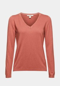 Jersey de manga larga en coral con escote en V, hecho de material de punto acanalado. Presenta un corte relajado con mangas y dobladillo ligeramente ajustados.