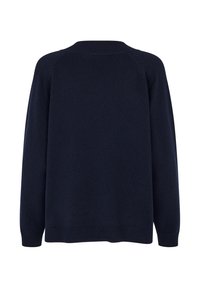 Granatowy sweter, dzianinowa struktura, okrągły dekolt, długie rękawy raglanowe, ściągacze u rękawów i u dołu. Prosty design bez wzorów lub ozdób.