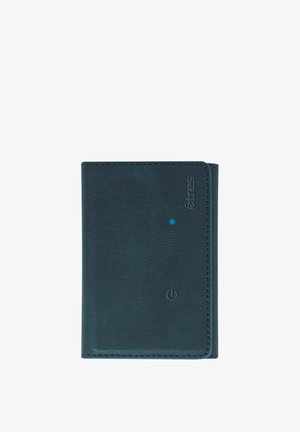 Portafoglio in pelle verde scuro con finitura testurizzata, angoli arrotondati e un piccolo punto blu e simbolo di accensione impresso sul davanti.