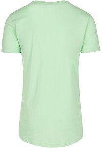 Mintgrøn bomulds T-shirt med rund halsudskæring og korte ærmer. Enkel design, blød tekstur og lige snit med let buet kant.