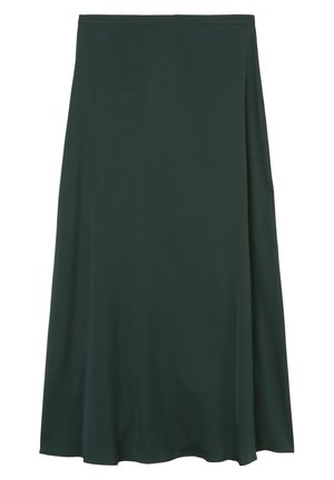 Donkergroene, knielange A-lijn rok gemaakt van gladde stof. Voorzien van een eenvoudige tailleband zonder zichtbare sluitingen of versieringen.