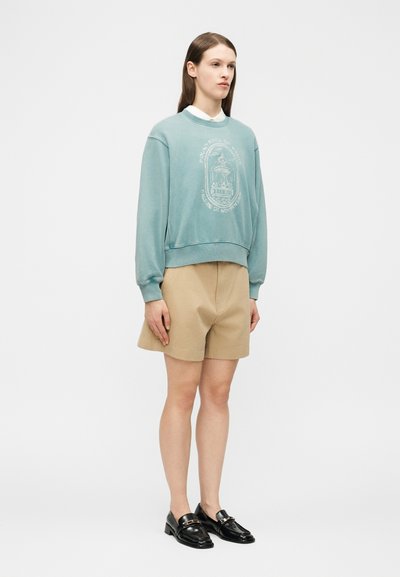 Γυναίκα με μακριά καστανά μαλλιά, φορώντας μπλε φούτερ με γραφικό συντριβάνι, μπεζ σορτς, λευκό πουκάμισο με γιακά και μαύρα μοκασίνια, όρθια.