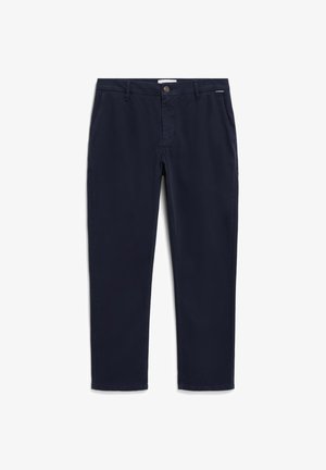 Navyblauwe katoenen chino's met een rechte pijpdesign, knoopsluiting, twee voorkruiden en een gladde textuur.