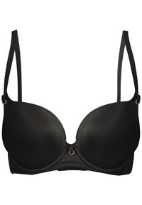 Czarny, wypełniony biustonosz wykonany z gładkiego materiału, z regulowanymi ramiączkami, centralnym złotym akcentem oraz bezszwowymi miseczkami dla uzyskania eleganckiego wyglądu.