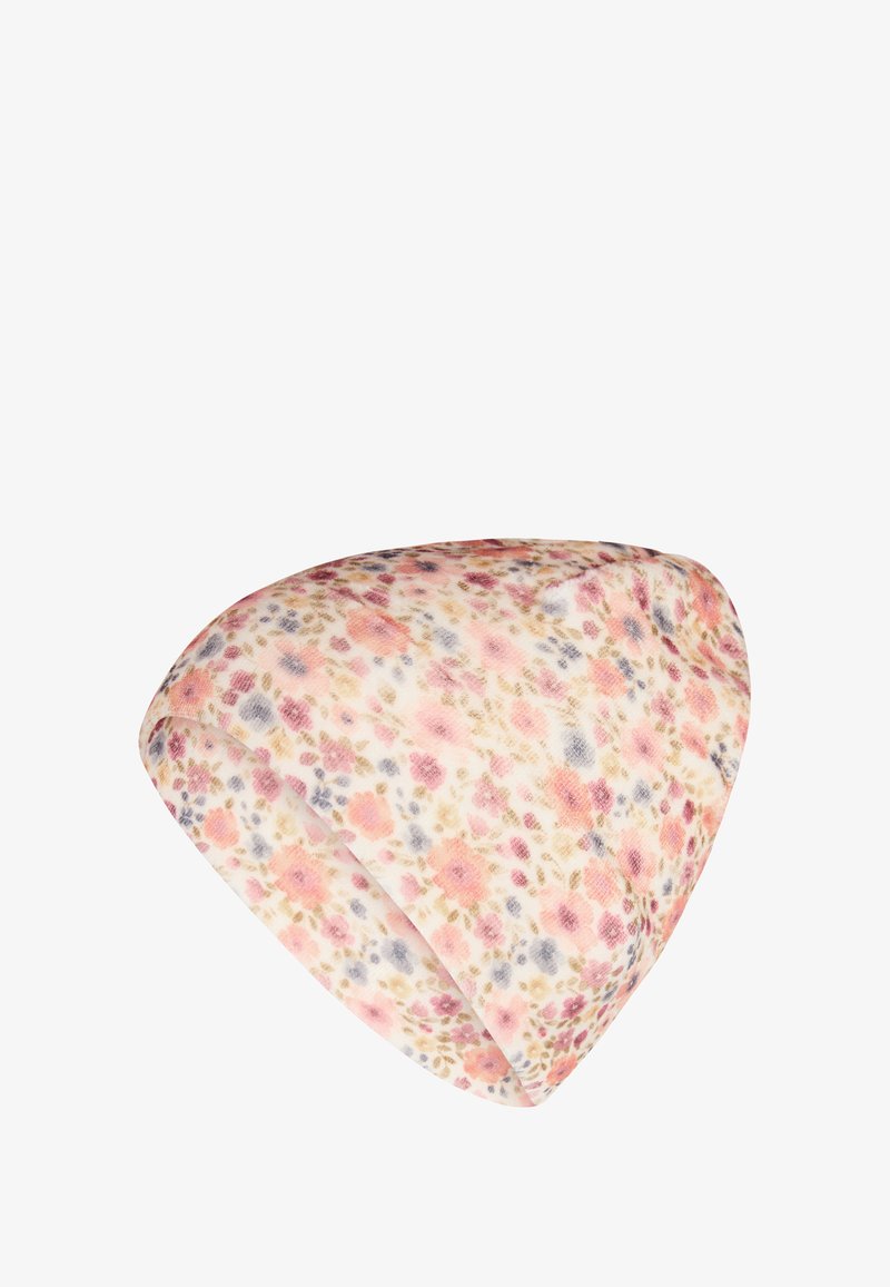 Floral-patterned beanie in soft fabric, featuring a blend of pink, purple, and beige hues, with a smooth, textured finish and a triangular shape.