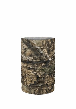 Camouflage-patterned tubular neck gaiter with layered fabric folds and a small circular Buff logo on the side.
