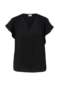 Zwarte blouse met een V-hals en korte, zwierige mouwen. Gemaakt van zachte, lichte stof met geplooide details bij de schoudernaden.