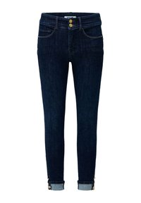 Pantalones vaqueros skinny de denim azul oscuro con cintura alta, que presentan dos botones en tono dorado, bolsillos frontales y puños doblados con costura decorativa.