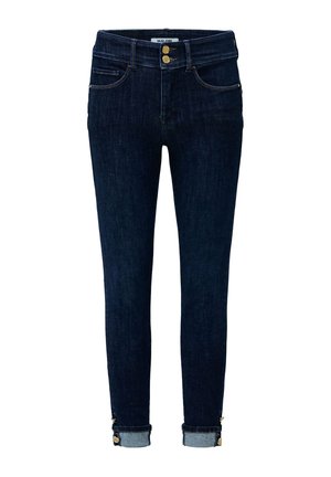 Jeans skinny in denim blu scuro con vita alta, dotati di due bottoni dorati, tasche frontali e risvolti decorati con cuciture.