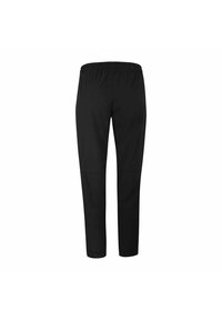 Pantalones casuales negros con cinturilla elástica, piernas rectas y diseño sin costuras, mostrados desde la parte trasera sobre un fondo blanco.
