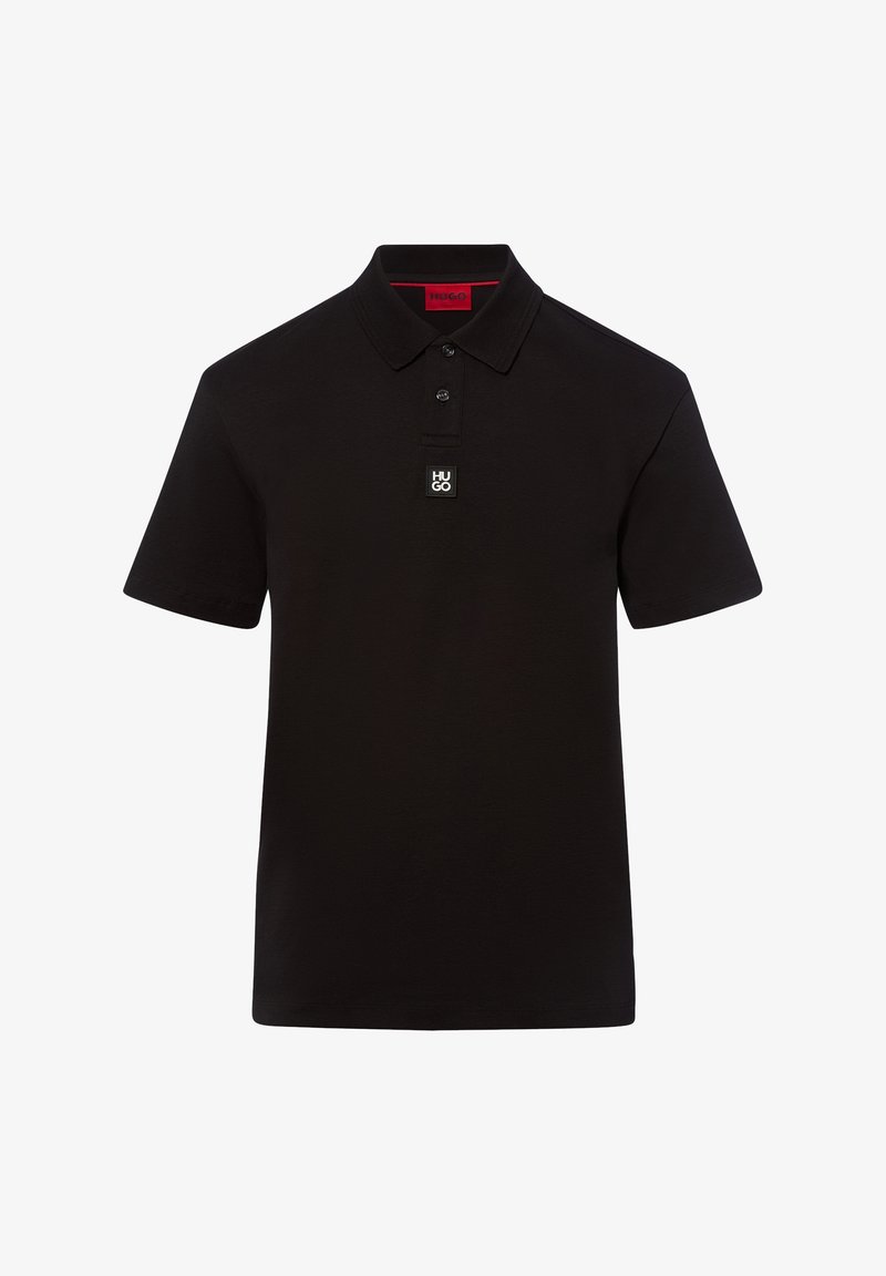 Polo noir à manches courtes avec deux boutons et un petit logo blanc "HUGO" sur la patte de boutonnage devant sous le col.