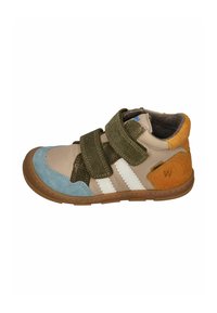 Brown and tan sneaker with blue suede toe, green fabric straps, and orange accent; features white stripes and textured detail on the heel.