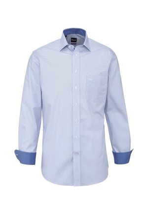 Camicia da uomo azzurro chiaro con bottoni, motivo a quadretti subtile, taschino sul petto e fodera interna delle maniche e del colletto in un blu più scuro a contrasto.