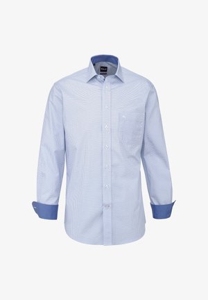 Camicia da uomo azzurro chiaro con bottoni, motivo a quadretti subtile, taschino sul petto e fodera interna delle maniche e del colletto in un blu più scuro a contrasto.