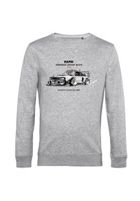 Grauer Pullover mit einem Grafikdruck eines Rennwagens, mit dem Text "RAPID AIRFIELD TRACK STAR" und "STADIUM RACEWAY, 1989" in Schwarz.
