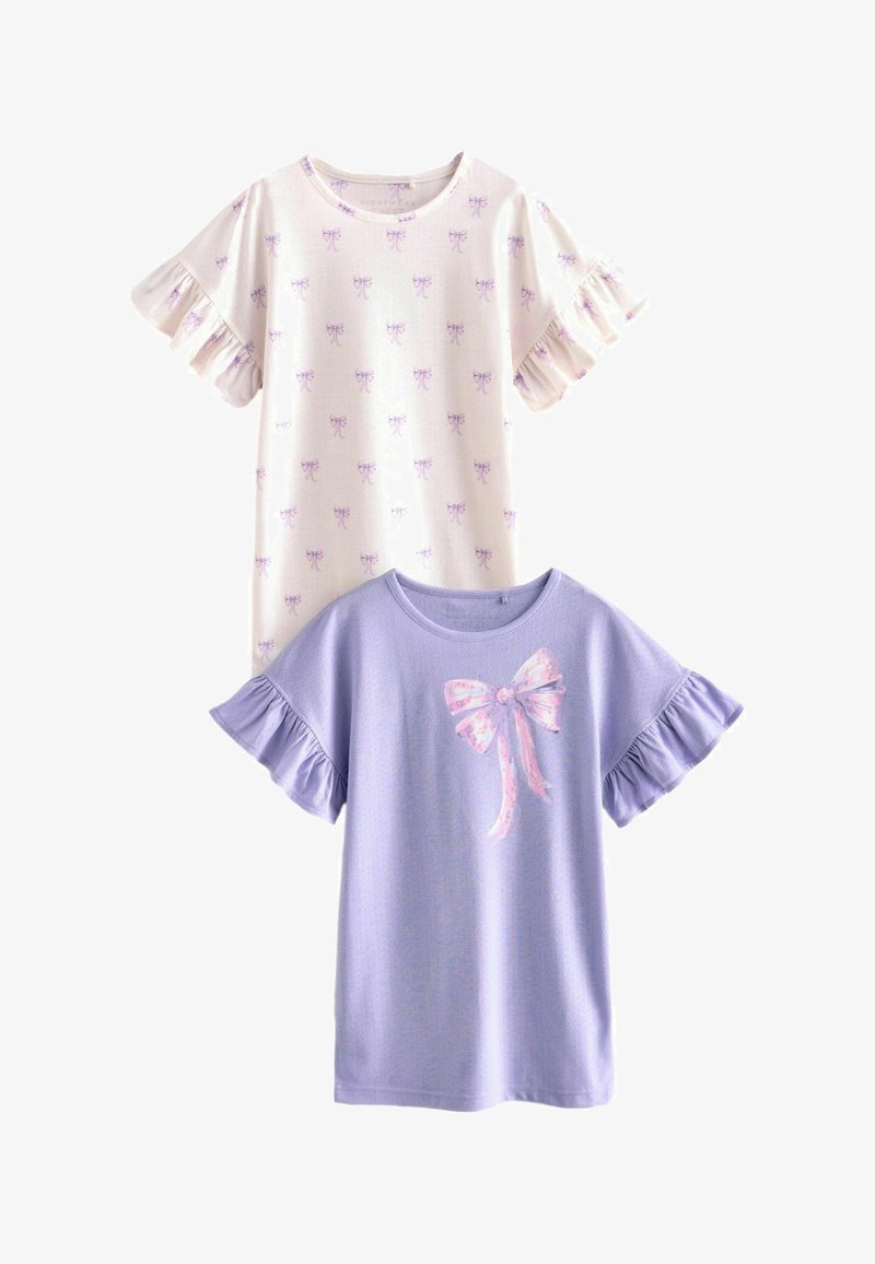 Two short-sleeve girls' tops with ruffled sleeves, one white with small purple bows pattern, one lavender with large pink bow design.