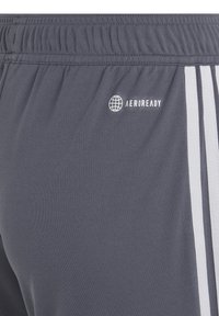 Graue Sportshorts mit elastischem Bund und AEROREADY-Logo. Verfügt über weiße Seitenstreifen und einen glatten, strukturierten Stoff.