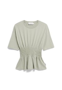 Hellgrünes Kurzarm-Oberteil mit geraffter Taille, ausgestelltem Saum und weichem Baumwollstoff. Es hat einen runden Ausschnitt und ein minimales Markenetikett.