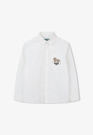 Witte katoenen blouse met lange mouwen, puntige kraag en een borstzak aan de voorkant met een paardenborduursel en de tekst "KENZO".