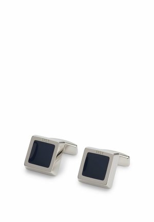 Cufflinks with a polished silver finish, square shape, and black glass inlay. Features a simple yet modern design with minimal detailing.