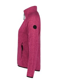 Fleecejacka i rosa med hög krage, dragkedja framtill och sidofickor. Har en svart logotyp-patch på ärmen och svart trim.