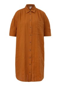 Robe chemise texturée orange rouille longueur genoux, manches courtes, boutons sur le devant, une poche poitrine et un col classique.