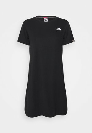 Robe T-shirt décontractée noire à manches courtes, col rond et petit logo blanc The North Face sur la poitrine gauche et la manche gauche.