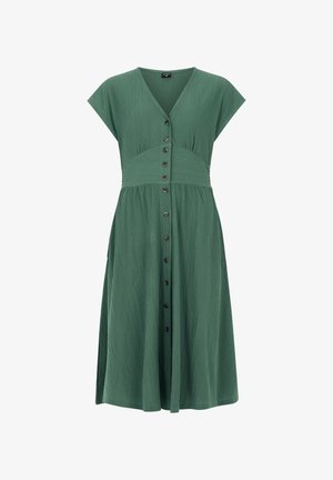 Groene textuur jurk met een V-hals, korte mouwen, knopen aan de voorkant en een aansluitend lijfje dat uitloopt in een losse rok.