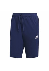 Bermuda blu navy realizzati in tessuto morbido, con vita elastica e cordino, tasche laterali e dettaglio del logo adidas bianco.