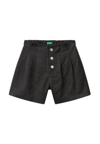 Pantaloni corti a quadri grigio scuro con vita elastica, tre bottoni in argento sul fronte e pieghe su ciascun lato.