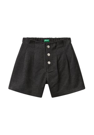 Pantaloni corti a quadri grigio scuro con vita elastica, tre bottoni in argento sul fronte e pieghe su ciascun lato.