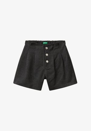 Dunkelgraue karierte Shorts mit elastischem Bund, drei silbernen Knöpfen vorne und Falten an beiden Seiten.