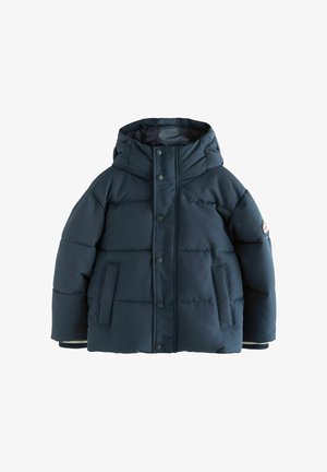 Doudoune bleu marine avec capuche, boutons pression, deux poches avant et poignets élastiques. Présente un design matelassé et un tissu durable.