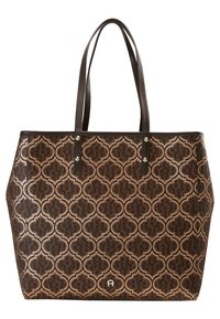 Brązowa torba na ramię z geometrycznym wzorem w odcieniach brązu, z dwoma solidnymi, brązowymi skórzanymi uchwytami i srebrnymi elementami ozdobnymi.