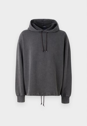 Gray hoodie made of soft fabric, featuring a drawstring hood, long sleeves, and adjustable hem with cord. Smooth texture and relaxed fit.