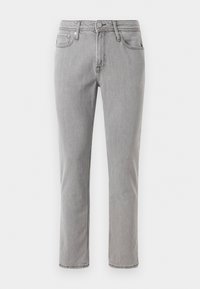 Jeans de mezclilla gris con corte recto, diseño de cinco bolsillos, trabillas para cinturón y cierre de botón en la parte delantera. La tela presenta una textura suave.